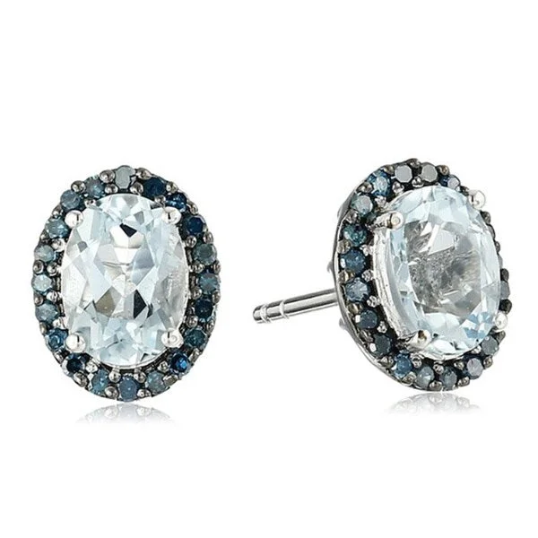 10k White Gold Aquamarine and Blue Diamond Halo Stud Earrings