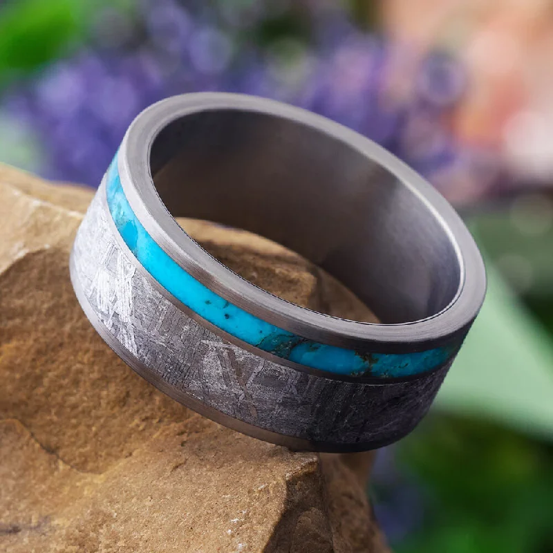 Meteorite Men's Wedding Band with Turquoise in Brushed Titanium