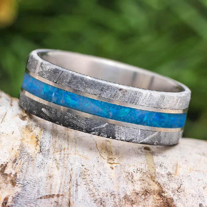 Blue Men's Ring with Meteorite Edges in Matte Titanium