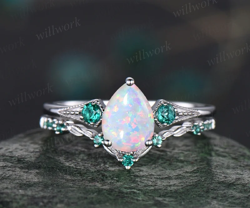 Vintage pear white opal engagement ring white gold Milgrain leaf three stone emerald wedding ring band women antique promise ring set