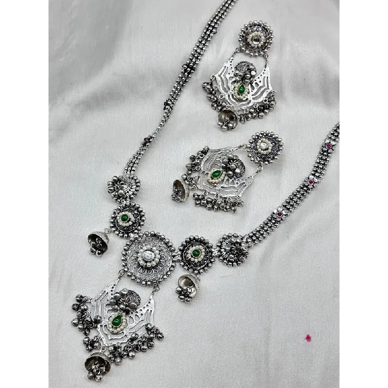 Akruti Collection Oxidised Plated Pota Stone Necklace Set