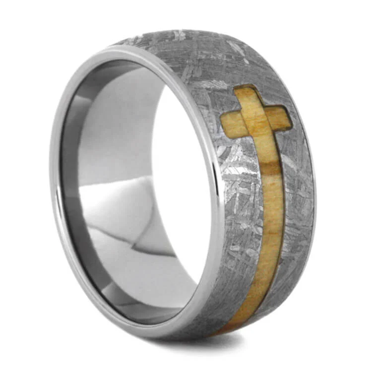 Olive Wood Cross Ring, Gibeon Meteorite Ring in Titanium