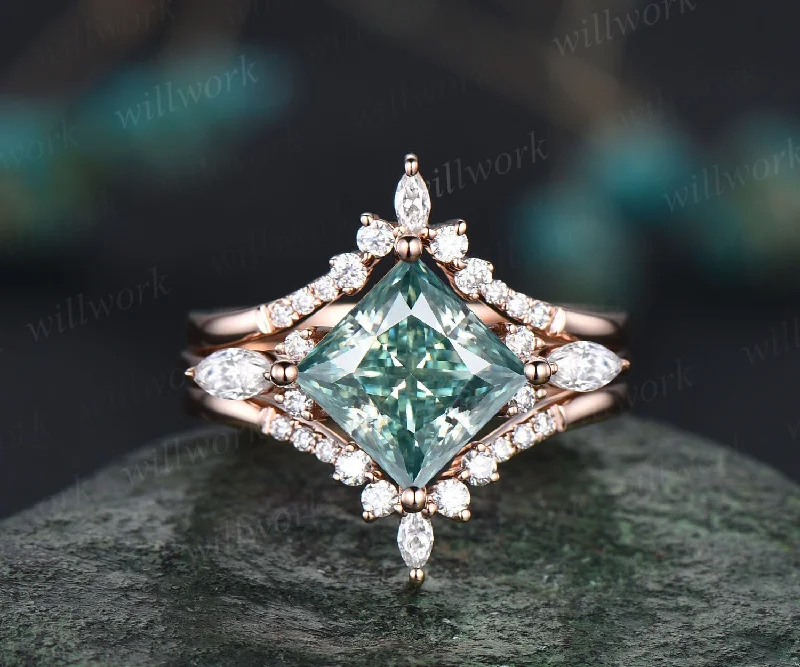 Princess cut green moissanite engagement ring set rose gold vintage unique engagement ring women marquise cut moissanite promise ring set