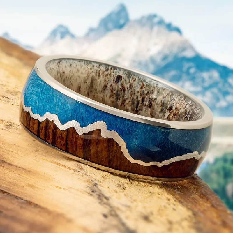 Antler and Wood Mountain Wedding Band with Grand Tetons Silhouette