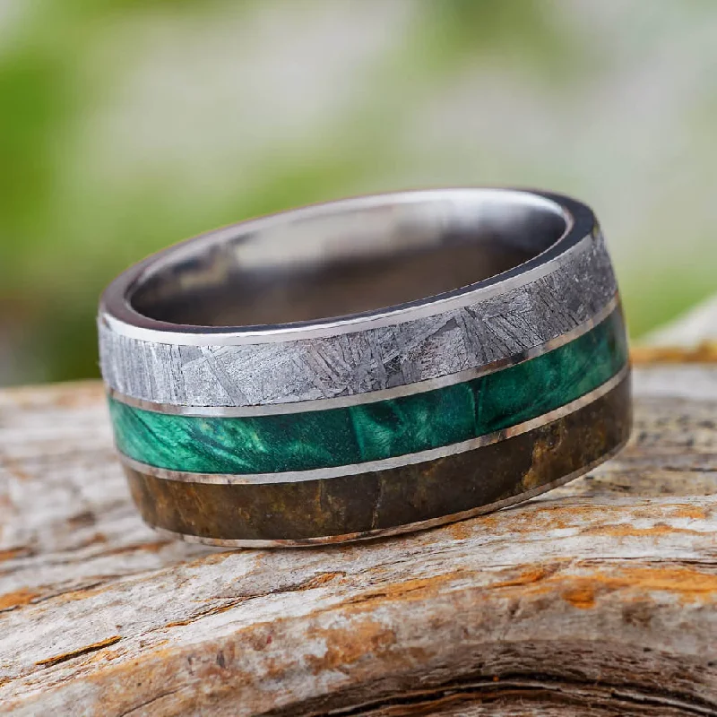 Meteorite, Green Box Elder Burl, Dinosaur Bone Ring