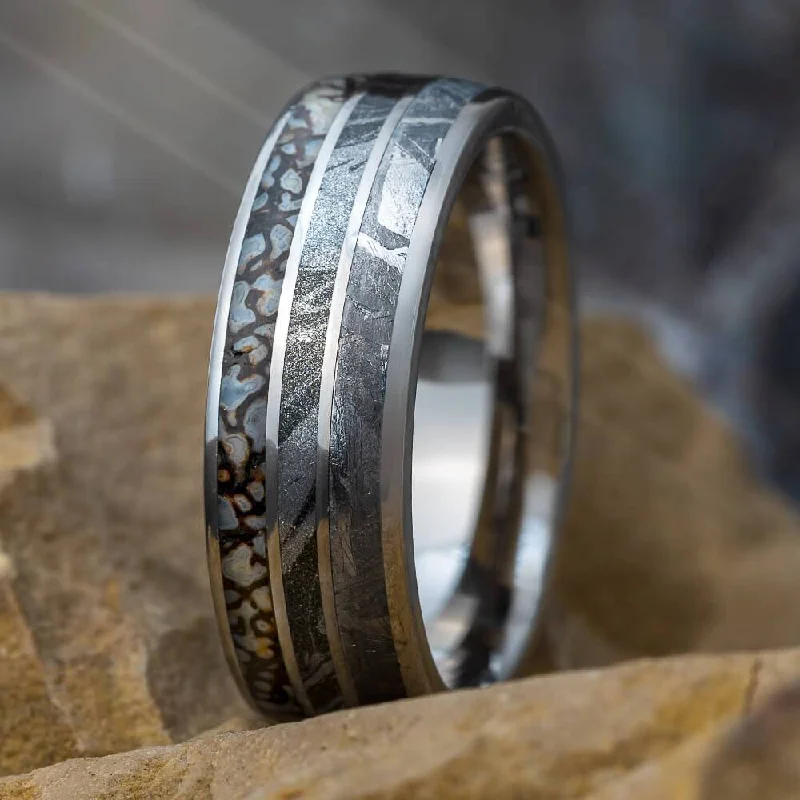 Triple Inlay Wedding Band With Dinosaur Bone, Meteorite & Mokume