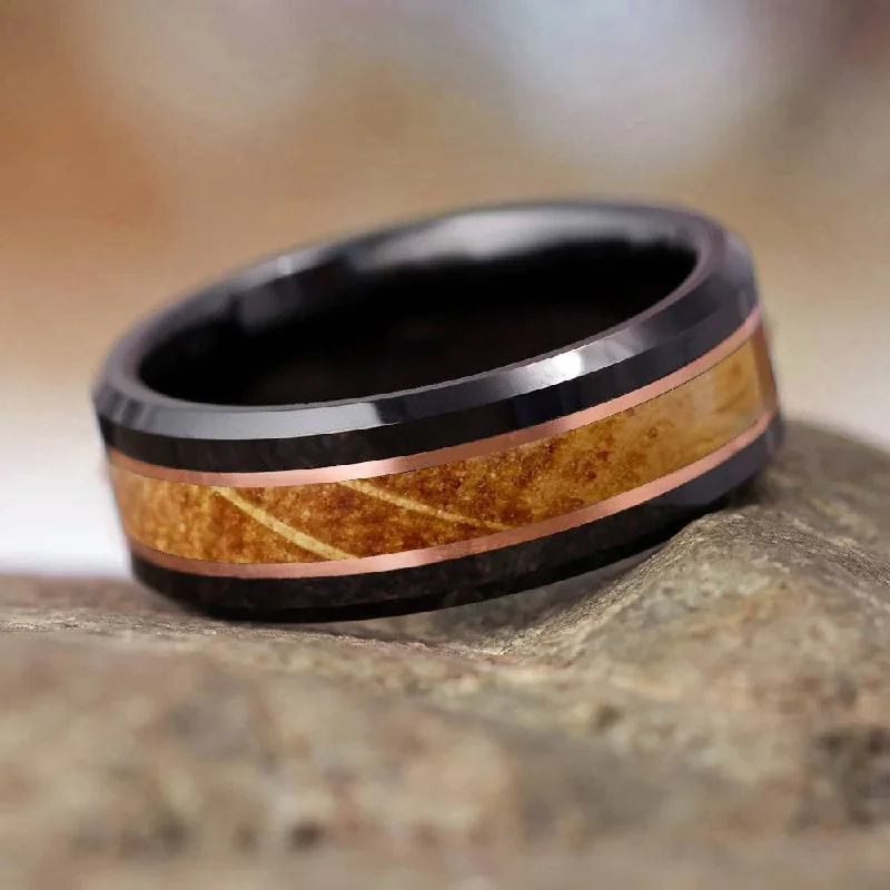 Whiskey Barrel Oak Wood & Black Ceramic Ring With Copper Pinstripes