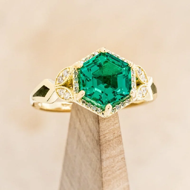 "LUCY IN THE SKY" - HEXAGON CUT LAB GROWN EMERALD ENGAGEMENT RING WITH DIAMOND HALO & MOSS INLAYS