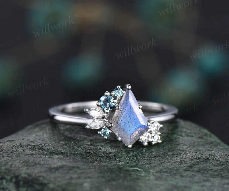 Unique kite cut labradorite engagement ring cluster alexandrite moissanite ring blue gemstone promise bridal ring handmade jewelry gifts