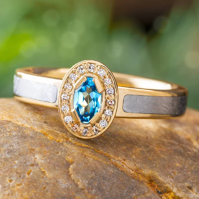 Yellow Gold Engagement Ring with Meteorite and Topaz