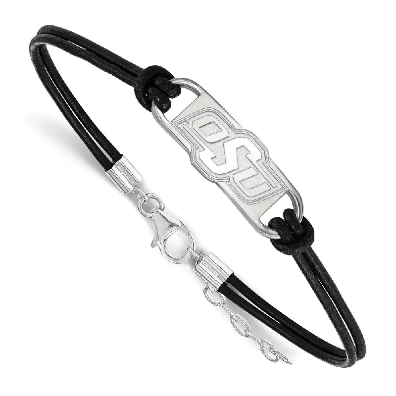 Sterling Silver Oklahoma State U Small Leather Bracelet, 7 Inch