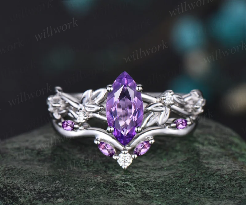 Vintage marquise cut purple amethyst engagement ring women twig leaf Nature inspired white gold ring branch diamond bridal ring set gift