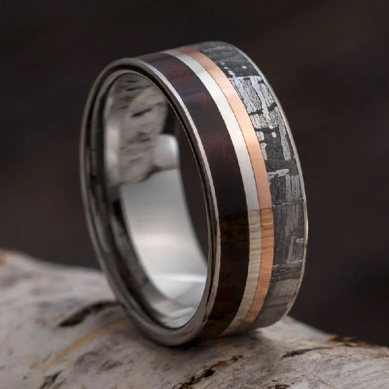 Meteorite & Redwood Men's Wedding Band With Pinstripes