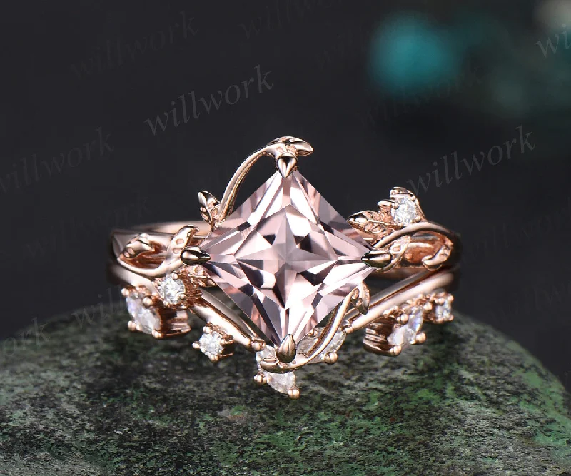 Princess cut morganite ring vintage rose gold diamond twig leaf unique engagement ring set three stone anniversary ring women gift