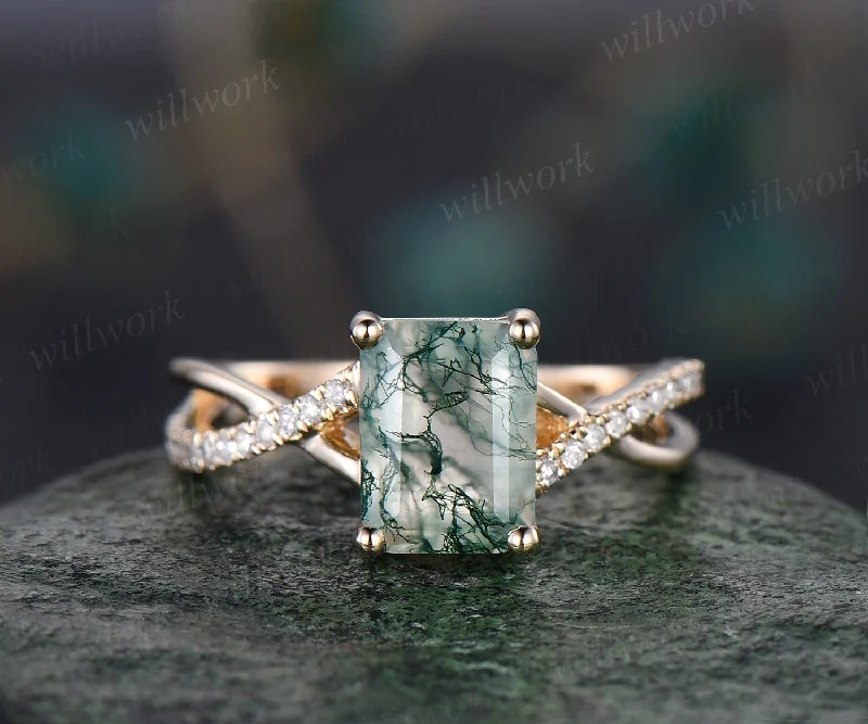 Vintage emerald cut natural moss agate engagement ring solid 14k yellow gold eternity infinity Twisted diamond wedding bridal ring women