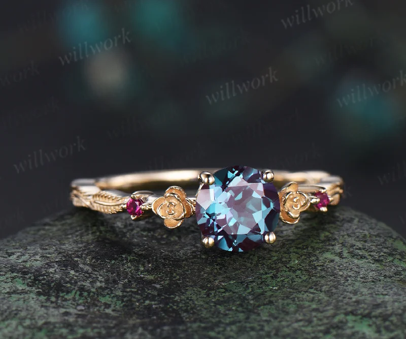 1ct round cut alexandrite ring vintage floral leaf engagement ring yellow gold ruby unique promise ring her