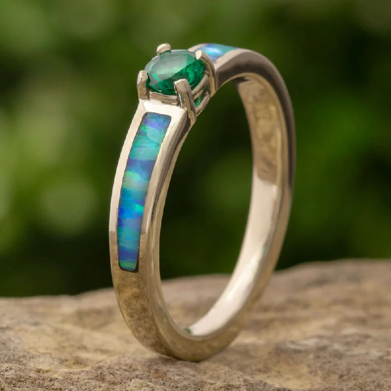 Round Emerald Engagement Ring with Opal in Polished Gold