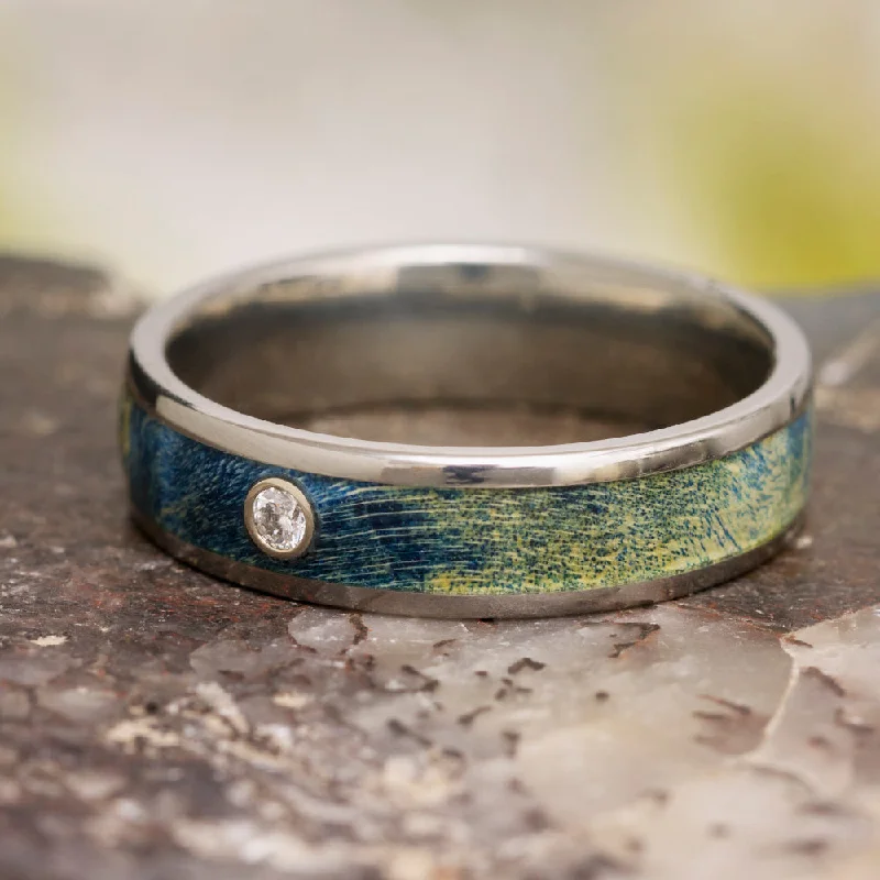 Diamond Wedding Ring, Titanium Ring with Blue Box Elder Burl