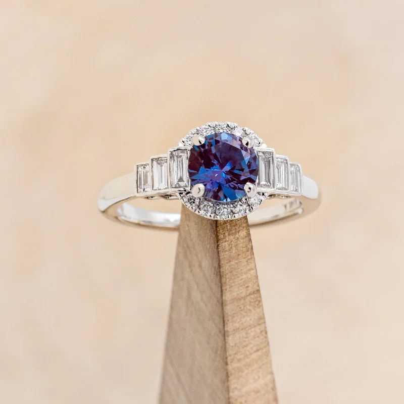 "RONA" - ROUND CUT LAB-GROWN ALEXANDRITE ENGAGEMENT RING WITH LAB-GROWN DIAMOND HALO & ACCENTS