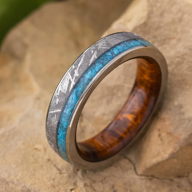 Turquoise Wedding Band With Meteorite And Ironwood Sleeve