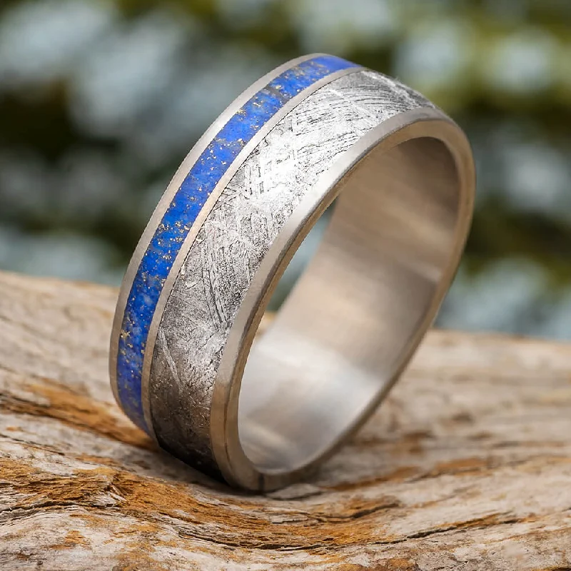 Meteorite Men's Wedding Band with Lapis Lazuli in Titanium Ring