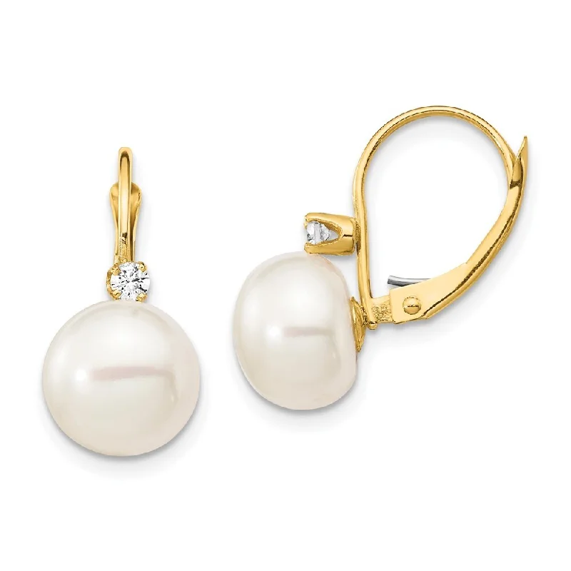 14k Yellow Gold White Button Pearl and Diamond Dangle Earrings w/ Leverback (L-20 mm, W-10 mm)