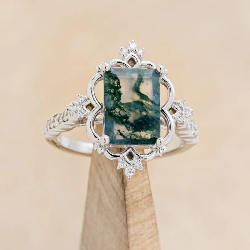 "TREVA" - EMERALD CUT MOSS AGATE ENGAGEMENT RING WITH DIAMOND ACCENTS & A SCALLOPED BAND