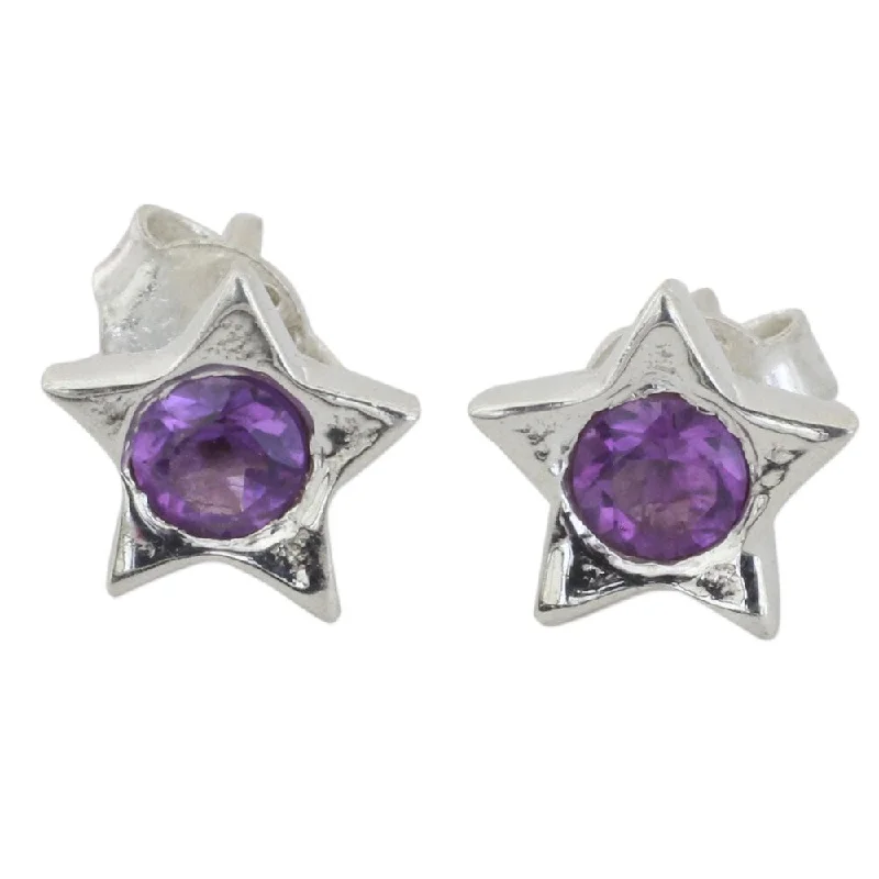 Handmade Sterling Silver 'Bright Star' Amethyst Earrings (India) - 0.3*0.3