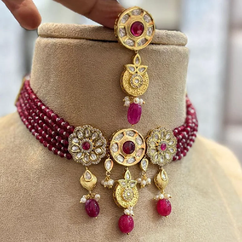 Jewel Addiction Gold Plated Kundan Stone And Pearls Choker Necklace Set