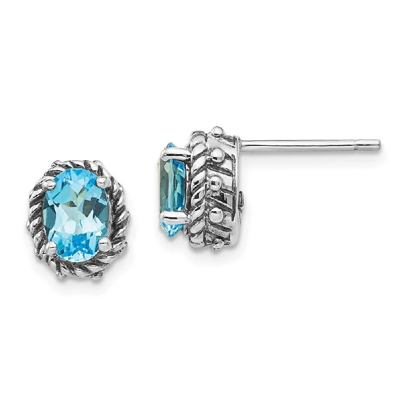 925 Sterling Silver Blue Gemstone Antiqued Stud Earrings (L-10 mm, W-7 mm)