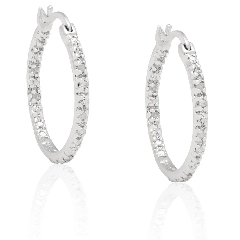 Finesque Sterling Silver Black Diamond and White Diamond Hoop Earrings (Set of 2)