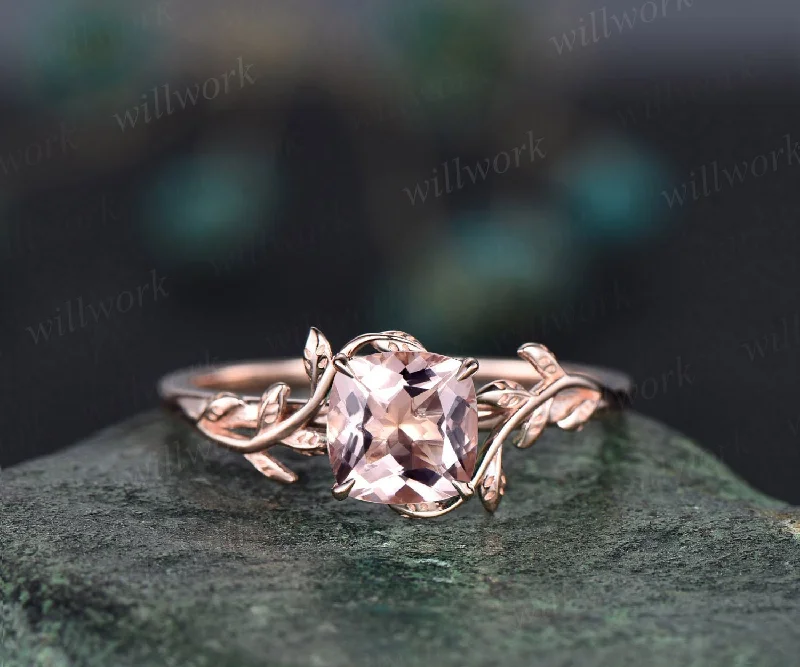 Cushion cut morganite ring vintage unique nature inspired engagement ring leaf 14k rose gold ring art deco bridal wedding ring for women