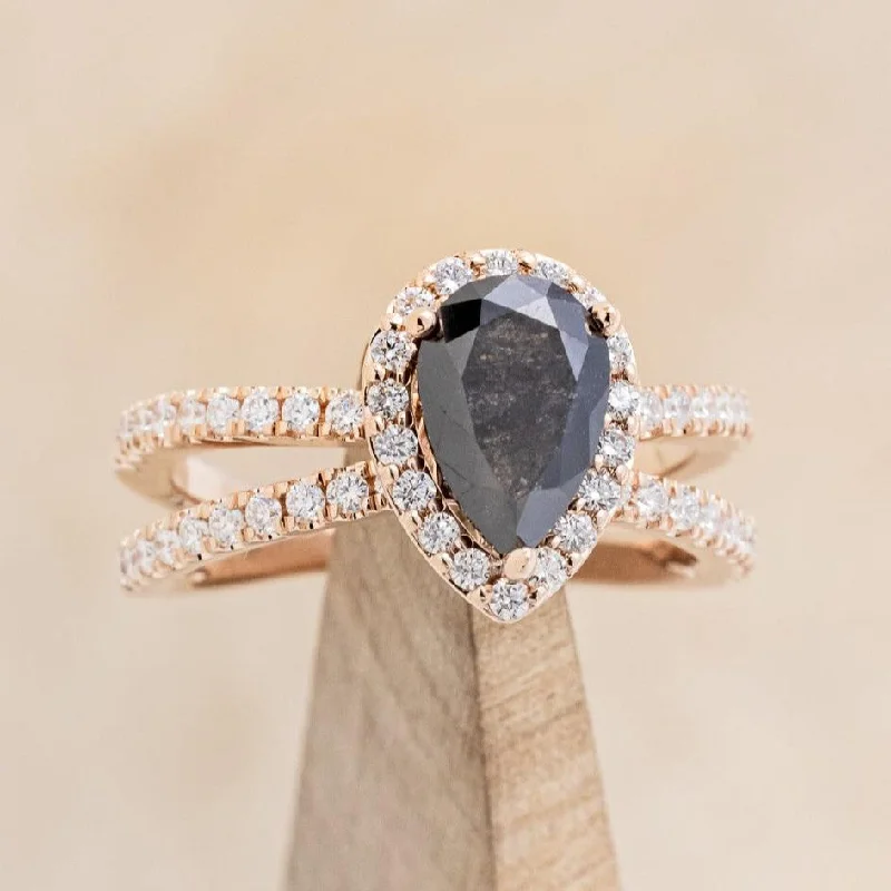 "NALA" - PEAR CUT SALT & PEPPER DIAMOND ENGAGEMENT RING WITH DIAMOND HALO & ACCENTS