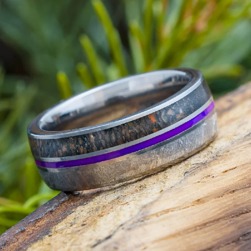 Meteorite and Dinosaur Bone Ring With Purple Pinstripe