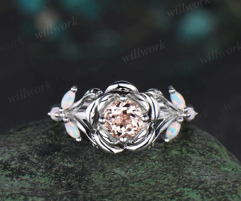 Round cut morganite ring white gold leaf cluster opal ring vintage floral Engagement Ring 14k white gold