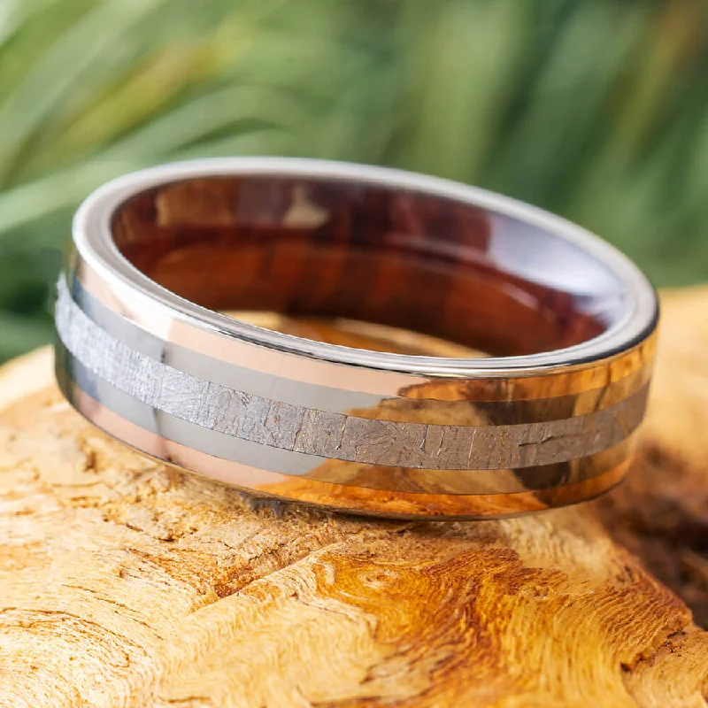 Meteorite Ring with Gold Pinstripes and Wood Sleeve