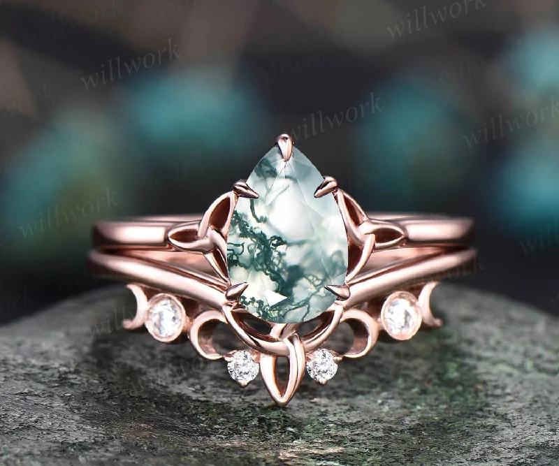 Unique pear shaped green moss agate engagement ring set 14k rose gold solitaire Norse Viking ring Jewelry antique wedding ring set for women