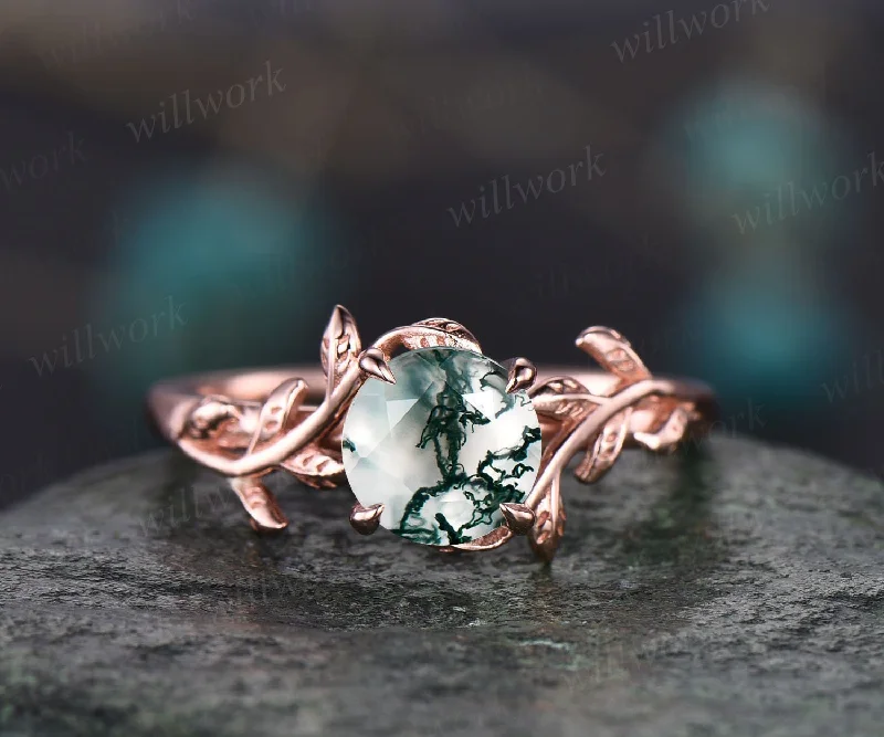 Round cut moss agate ring for women dainty Twig vintage moss agate engagement ring leaf art deco rose gold wedding bridal promise ring gift