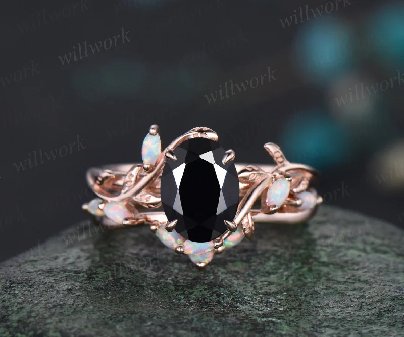 Oval cut black onyx ring vintage five stone opal ring rose gold leaf nature inspired engagement ring art deco twisted wedding ring set women