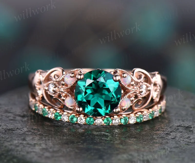 Vintage emerald engagement ring set unique opal ring for women rose gold natural emerald wedding band butterfly diamond ring bridal set gift