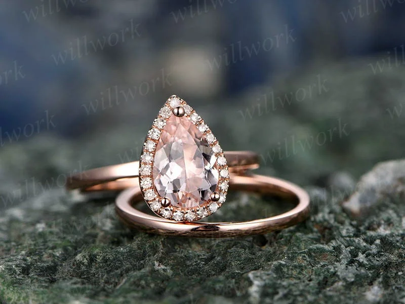 2pcs Tear Droped Morganite engagement ring set-Solid 14k Rose gold ring-Plain matching band- promise ring-anniversary ring for her-pave set