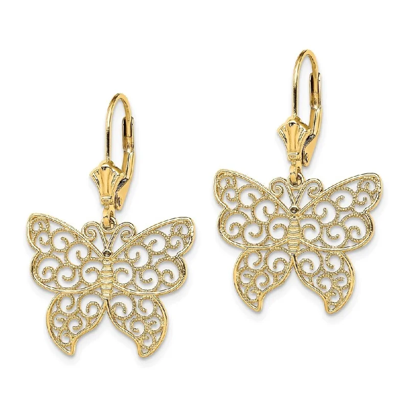 Diamond2Deal 14K Yellow Gold Butterfly Beaded Filigree Wings Earrings with Leverback (L-32.6 mm, W-20.3 mm)