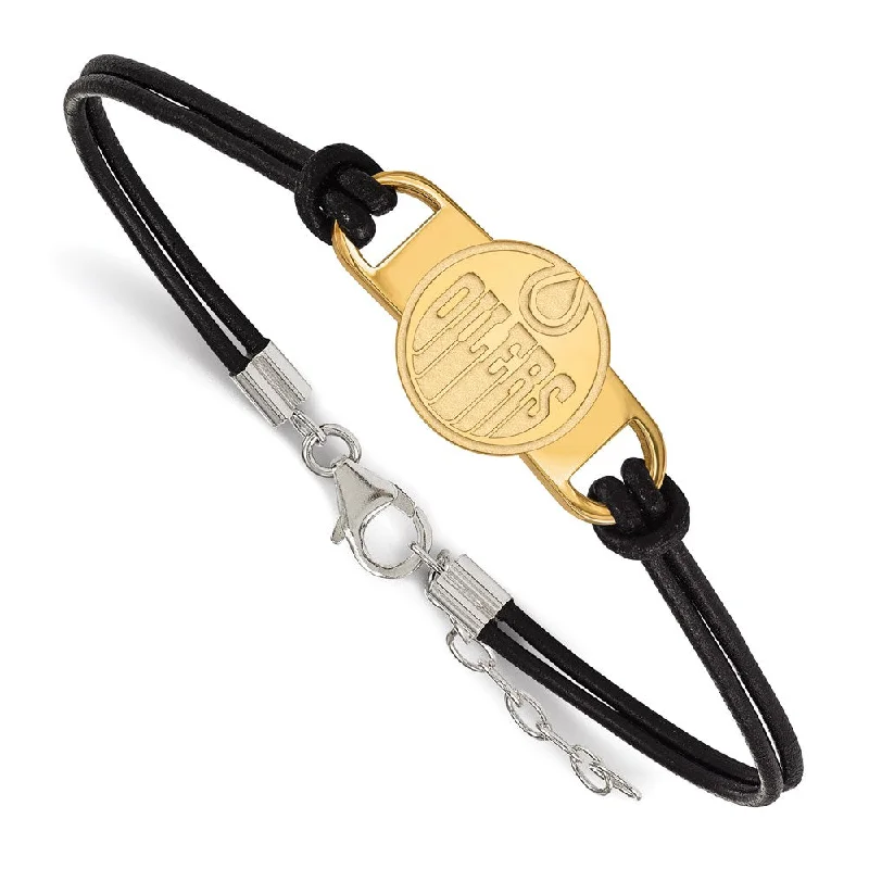 SS 14k Yellow Gold Plated & Leather NHL Edmonton Oilers Adj. Bracelet