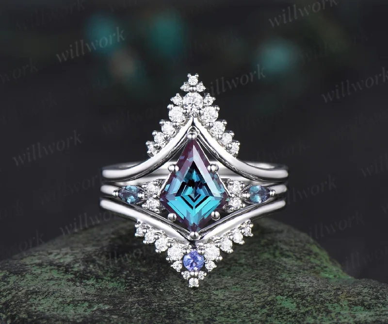 3pcs kite cut alexandrite engagement ring set solid 14k white gold stacking snowdrift moissanite ring unique promise bridal ring set women