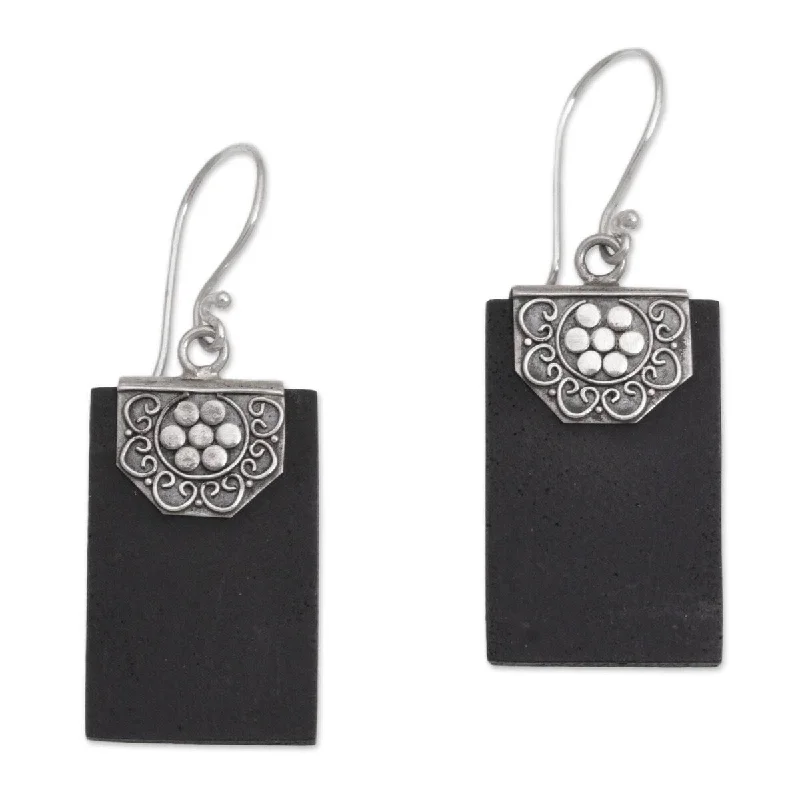 Handmade Sterling Silver Lava Stone Bars of Midnight Earrings (Indonesia) - 1.7*0.6