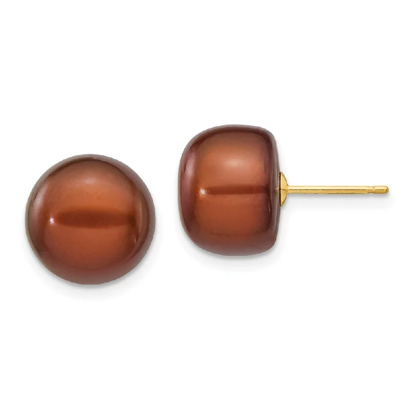 14k Yellow Gold Coffee Button Cultured Pearl Stud Earrings (L-11 mm, W-12 mm)