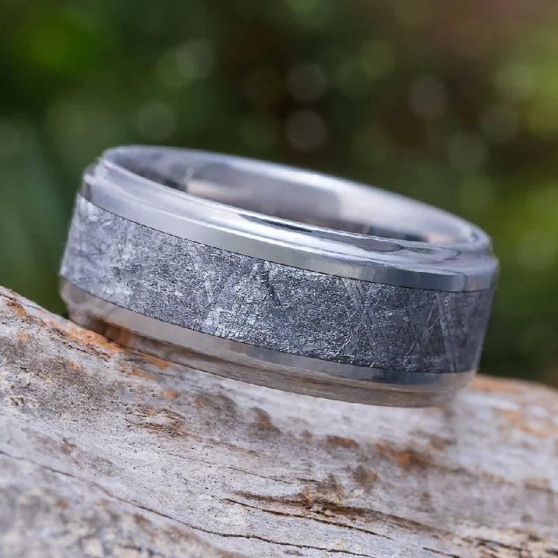 Meteorite Men's Wedding Band, Titanium Ring With Concave Edges