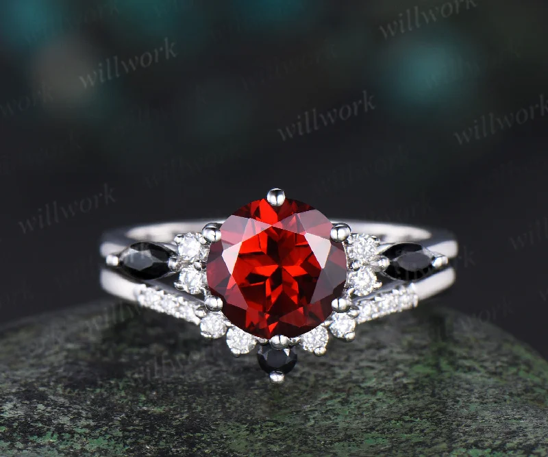 Round cut red garnet Engagement Ring Set solid 14k white gold 6 prong black spinel ring stacking diamond bridal ring set women jewelry