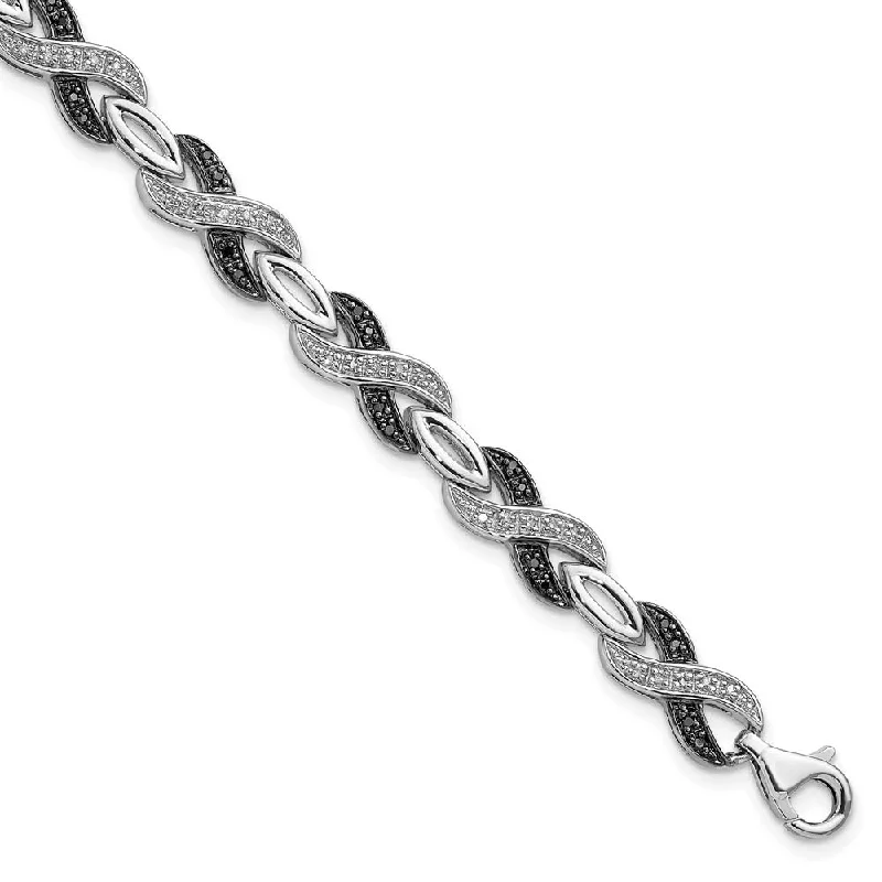 White & Black Diamond Crossover Bracelet in Sterling Silver, 7.5 Inch