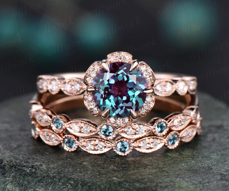 Round Alexandrite wedding set vintage Alexandrite engagement ring set 14k rose gold flower double halo diamond ring unique promise ring set